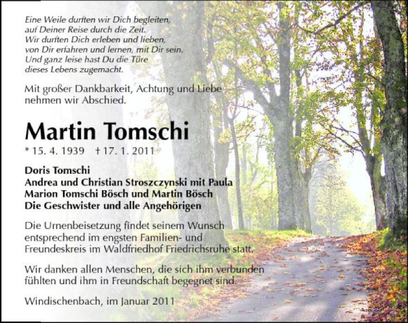  Traueranzeige für Martin Tomschi vom 20.01.2011 aus 