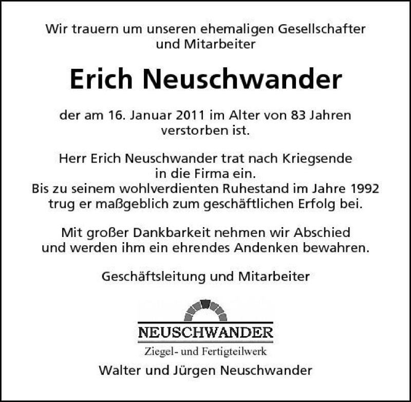  Traueranzeige für Erich Neuschwander vom 20.01.2011 aus 