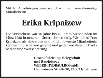 Traueranzeige von Erika Kripaizew 