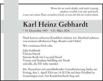 Traueranzeige von Karl Heinz Gebhardt 
