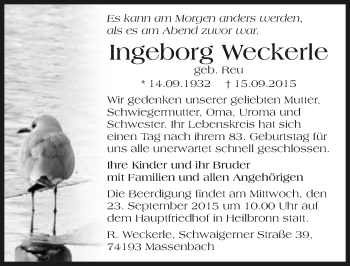Traueranzeige von Ingeborg Weckerle 