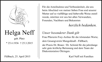 Traueranzeige von Helga Neff 