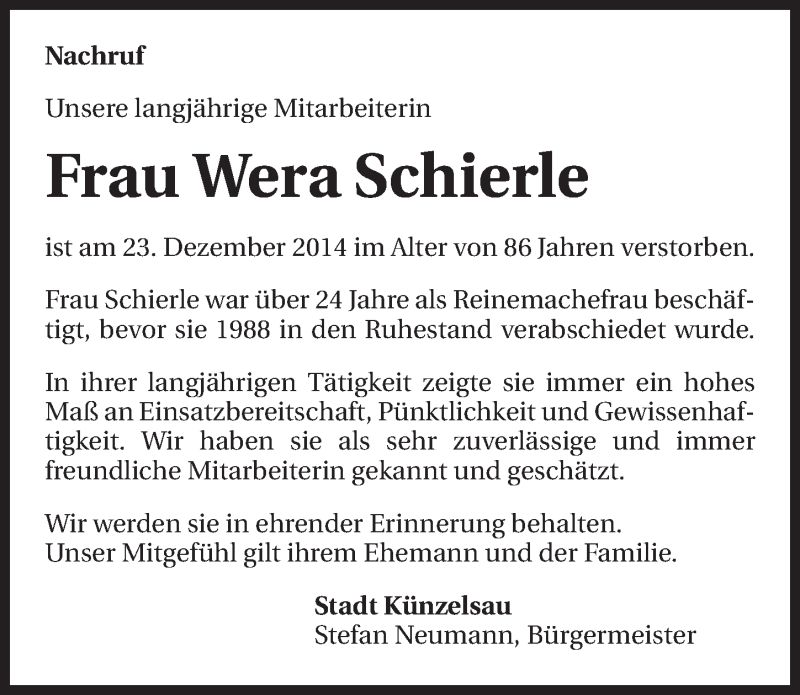  Traueranzeige für Wera Schierle vom 15.01.2015 aus 