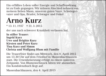 Traueranzeige von Arno Kurz 