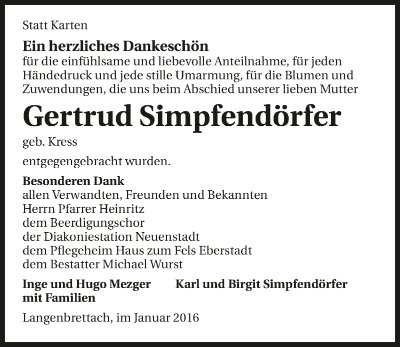  Traueranzeige für Gertrud Simpfendörfer vom 30.01.2016 aus 