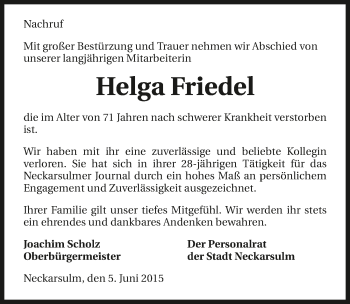 Traueranzeige von Helga Friedel 