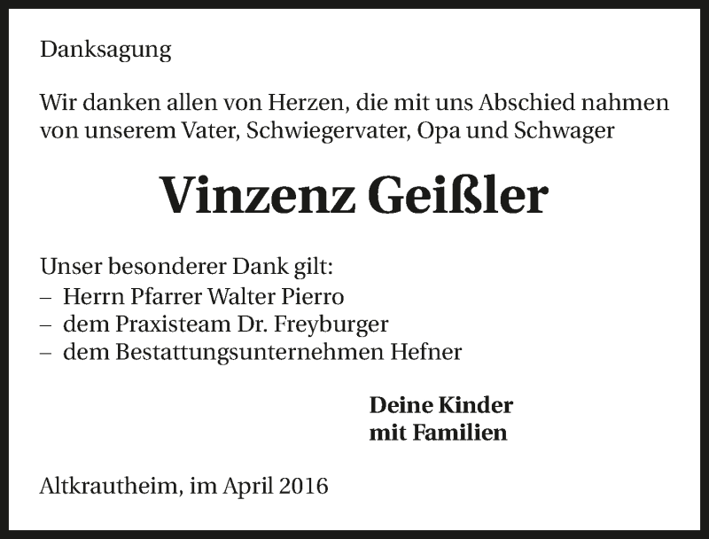  Traueranzeige für Vinzenz Geißler vom 22.04.2016 aus 