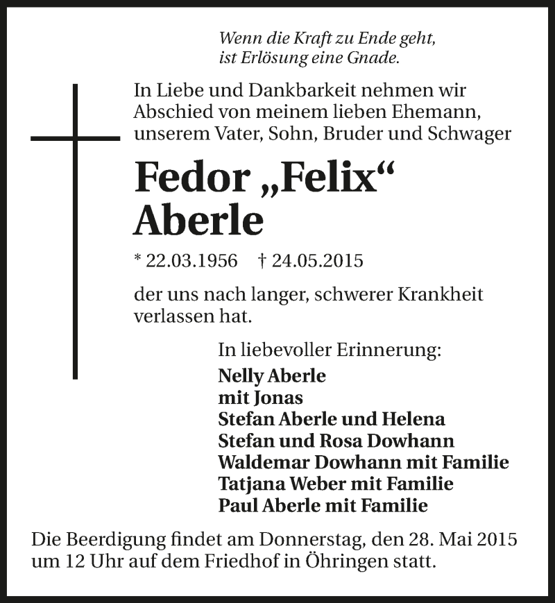  Traueranzeige für Felix Aberle vom 26.05.2015 aus 