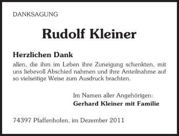 Traueranzeige von Rudolf Kleiner 