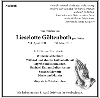 Traueranzeige von Lieselotte Göltenboth 