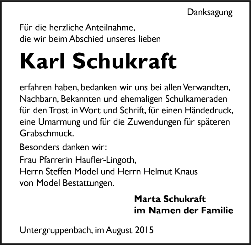  Traueranzeige für Karl Schukraft vom 07.08.2015 aus 