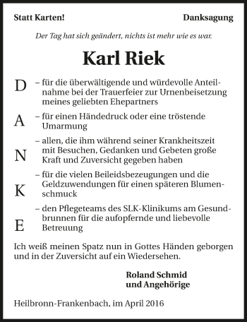 Traueranzeige von Karl Riek 