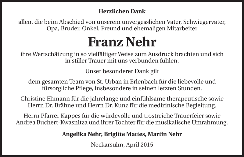  Traueranzeige für Franz Nehr vom 11.04.2015 aus 
