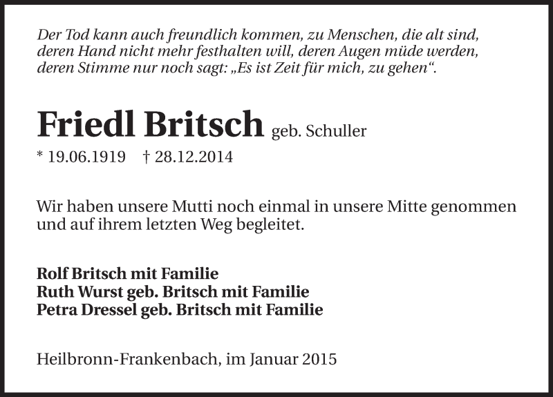 Traueranzeige für Friedl Britsch vom 07.01.2015 aus 