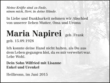 Traueranzeige von Maria Napirei 