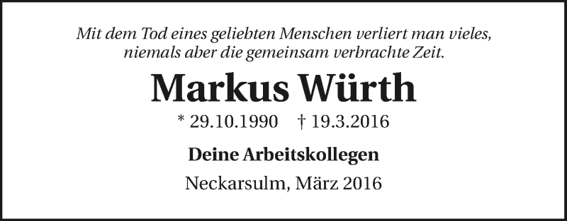  Traueranzeige für Markus Würth vom 23.03.2016 aus 