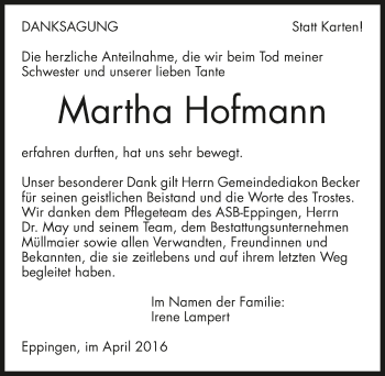 Traueranzeige von Martha Hofmann 