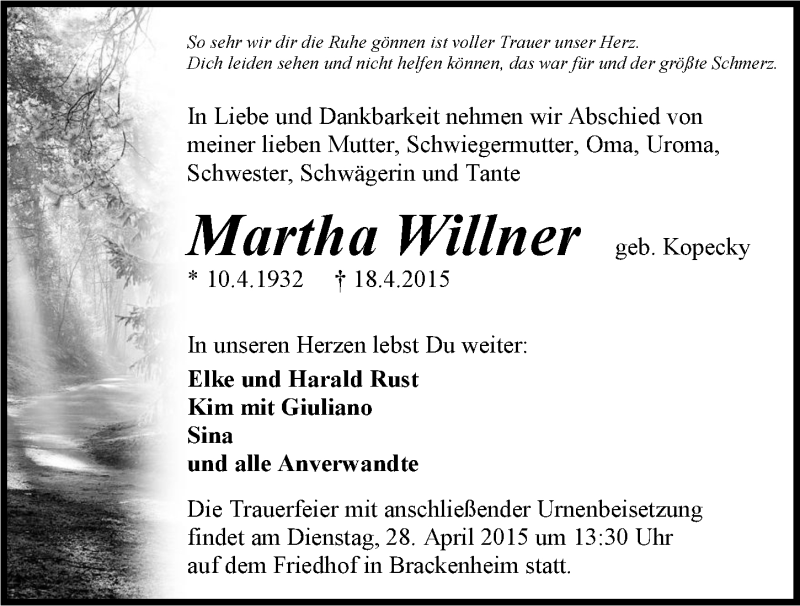  Traueranzeige für Martha Willner vom 25.04.2015 aus 