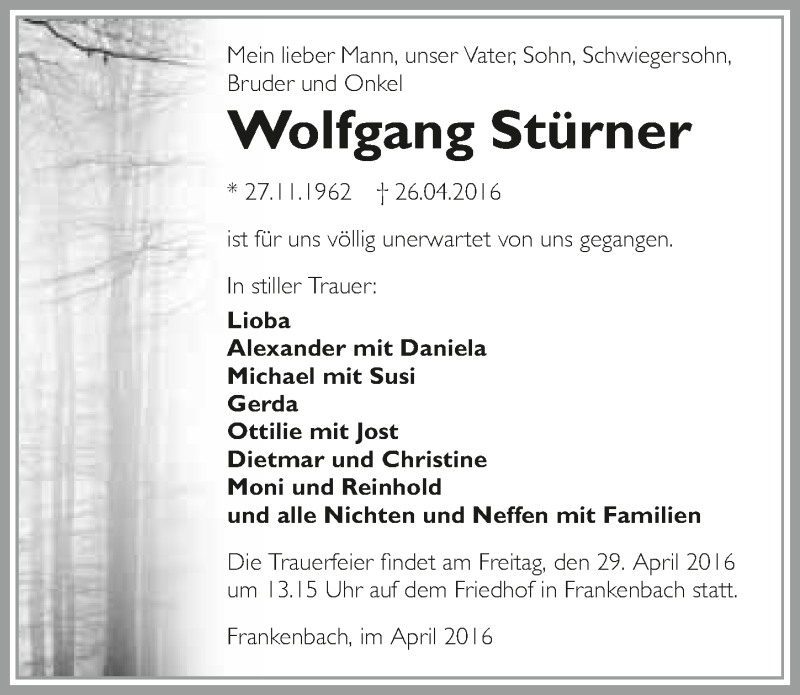  Traueranzeige für Wolfgang Stürner vom 28.04.2016 aus 