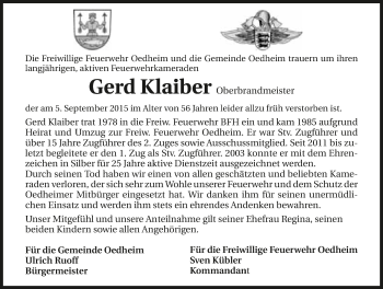 Traueranzeige von Gerd Klaiber 