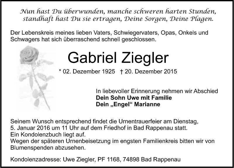  Traueranzeige für Gabriel Ziegler vom 02.01.2016 aus 