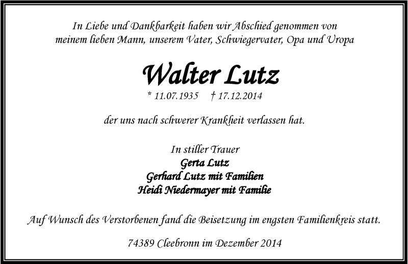  Traueranzeige für Walter Lutz vom 23.12.2014 aus 