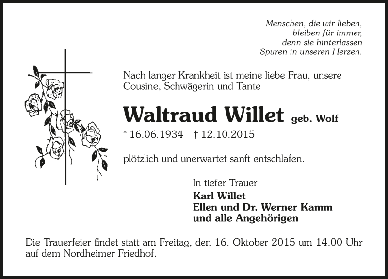  Traueranzeige für Waltraud Willet vom 14.10.2015 aus 