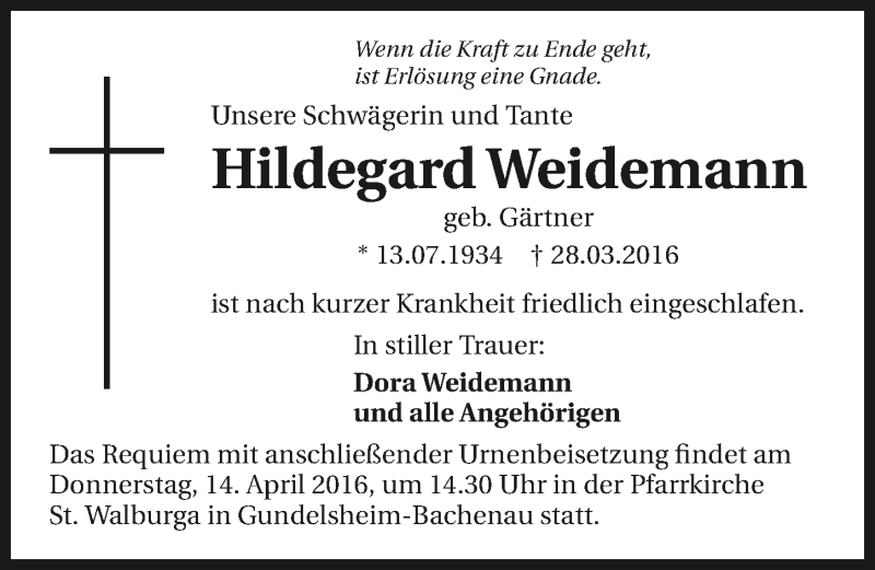  Traueranzeige für Hildegard Weidemann vom 11.04.2016 aus 