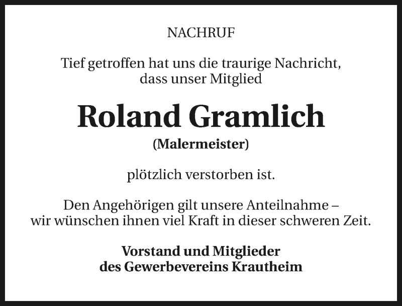  Traueranzeige für Roland Gramlich vom 19.01.2016 aus 