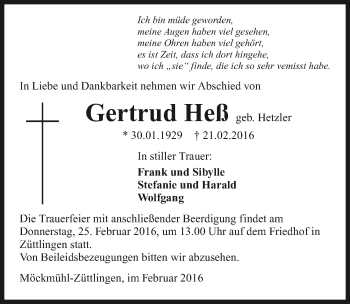 Traueranzeige von Gertrud Heß 
