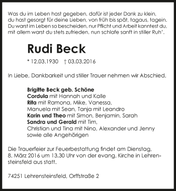 Traueranzeige von Rudi Beck 
