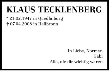Traueranzeige von Klaus Tecklenberg 