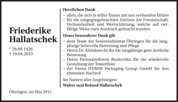 Traueranzeige von Friederike Hallatschek 