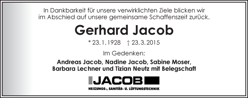  Traueranzeige für Gerhard Jacob vom 25.03.2015 aus 