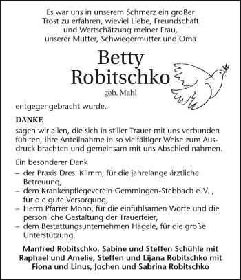 Traueranzeige von Betty Robitschko 
