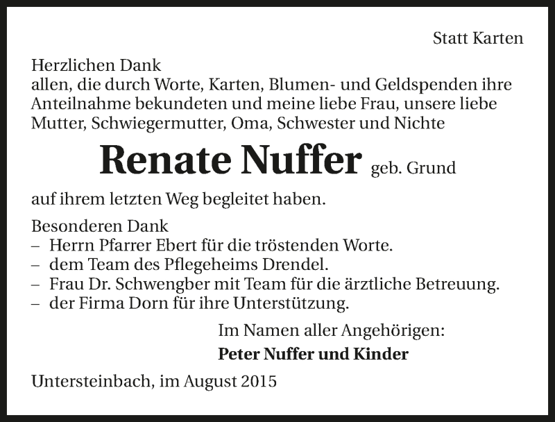  Traueranzeige für Renate Nuffer vom 19.08.2015 aus 