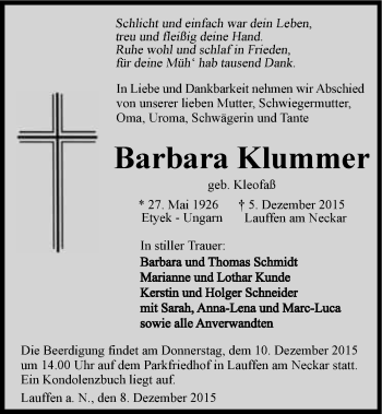 Traueranzeige von Barbara Klummer 