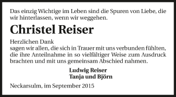 Traueranzeige von Christel Reiser 