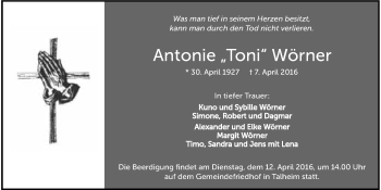 Traueranzeige von Antonie Wörner 