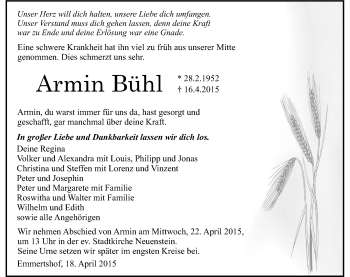 Traueranzeige von Armin Bühl 