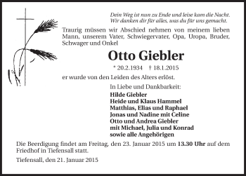 Traueranzeige von Otto Giebler 