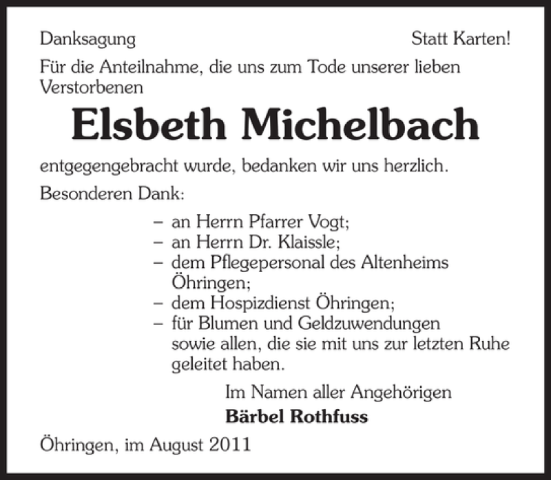  Traueranzeige für Elsbeth Michelbach vom 29.08.2011 aus 