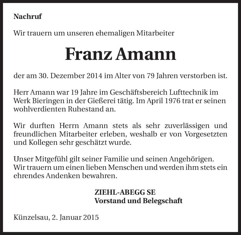  Traueranzeige für Franz Amann vom 03.01.2015 aus 
