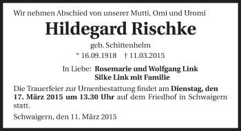 Traueranzeige von Hildegard Rieschke 
