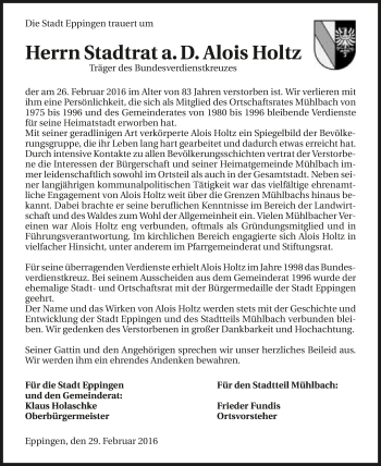 Traueranzeige von Alois Holtz 