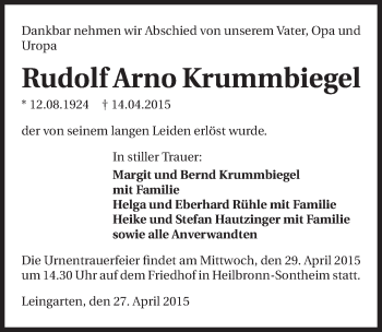 Traueranzeige von Rudolf Arno Krummbiegel 