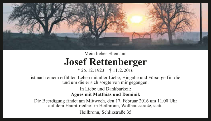  Traueranzeige für Josef Rettenberger vom 13.02.2016 aus 
