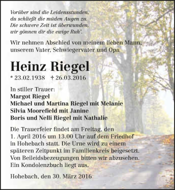 Traueranzeige von Heinz Riegel 