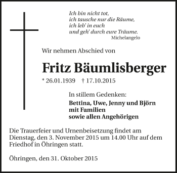 Traueranzeige von Fritz Bäumlisberger 