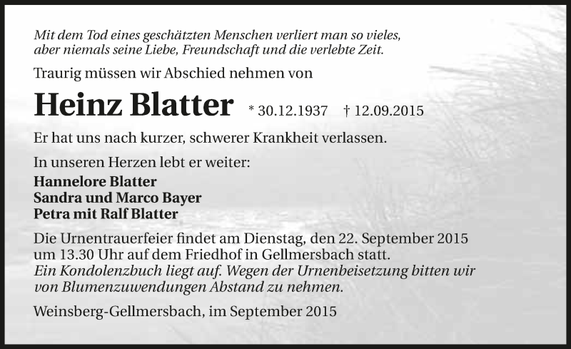  Traueranzeige für Heinz Blatter vom 16.09.2015 aus 